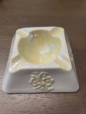 Cream Ceramic Square Ashtray with Floral Relief